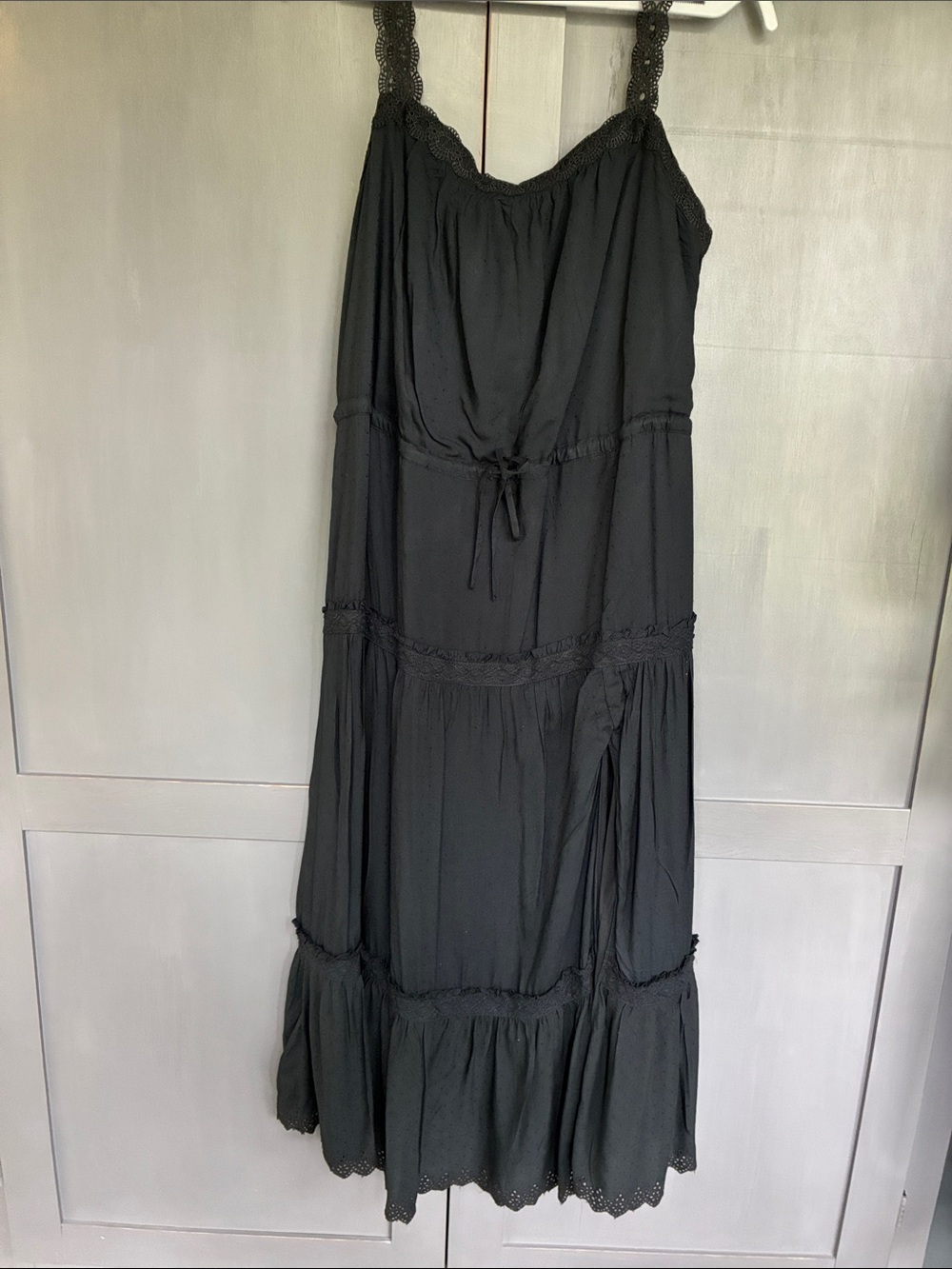 Paige L with slit Tiered Lace Trim Maxi Dress